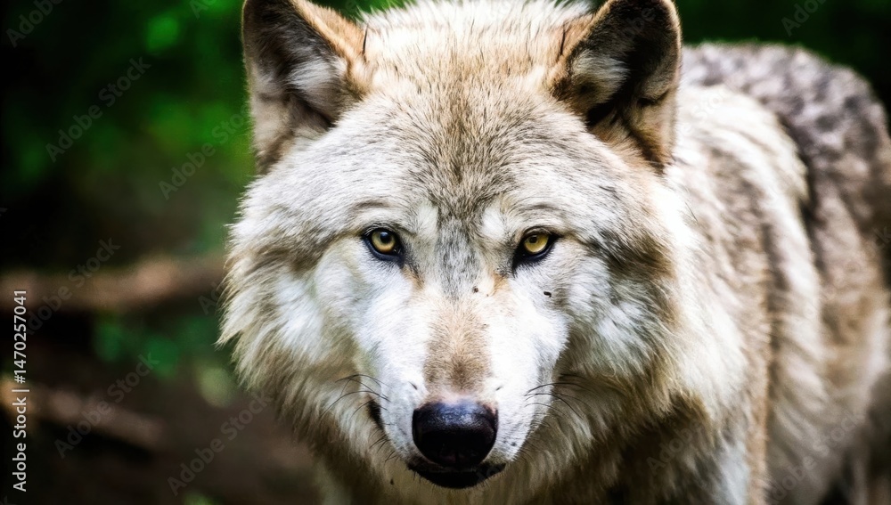 A wild wolf stares intently forward, its fur blending with the forest background in a natural setting. A wild wolf stares intently forward, its fur blending with the forest background in a natural setting.