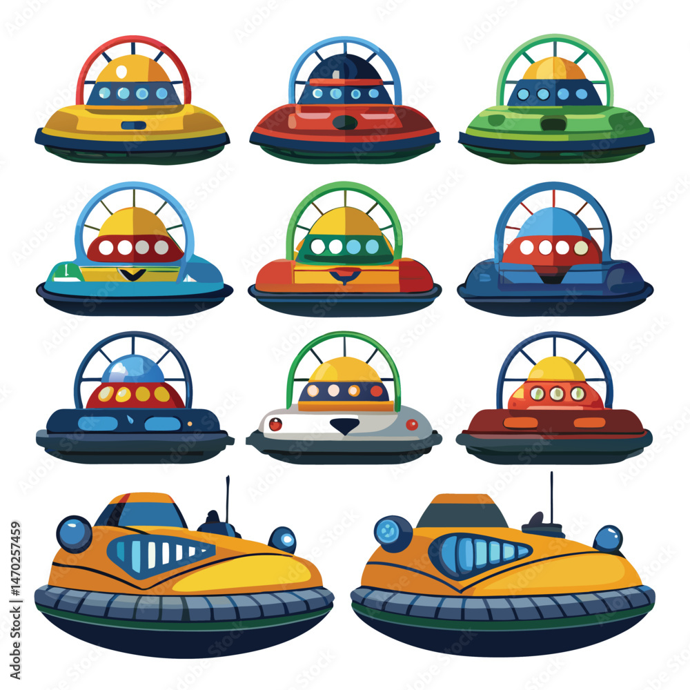 Naklejka premium Nine classic Hovercraft arranged on a white background.