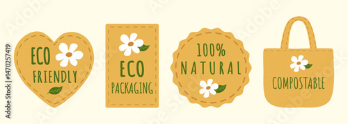 Eco-friendly icon set  with hand-drawn labels. Includes phrases like 100% Natural, Compostable, and Eco Packaging in earthy tones. Perfect for eco branding, labels, packagin