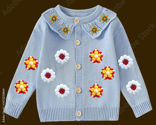 Girls Flower floral Knitted Long Sleeves Pullover Sweater With Peter Pan Design Patterns Jumper and Colorful Colorblock Floral Knitwear Sweater Fashionity on Isolation Brown Background. Top-10 Everyda