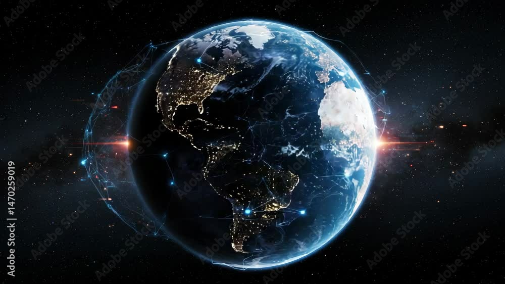Earth with glowing cities in space against a starry backdrop Earth with glowing cities in space against a starry backdrop