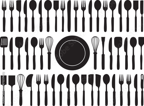 Collection of Kitchen Utensils Silhouette Set, Cooking Tools Icons for Recipe Design, Restaurant Menus, Culinary Blogs, Food Packaging, Kitchen Decor, and Home Cooking Projects