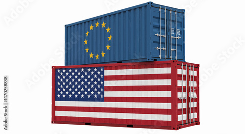 Two multi-media containers on a transparent background. The upper container bears the European Union flag, the second the American flag.