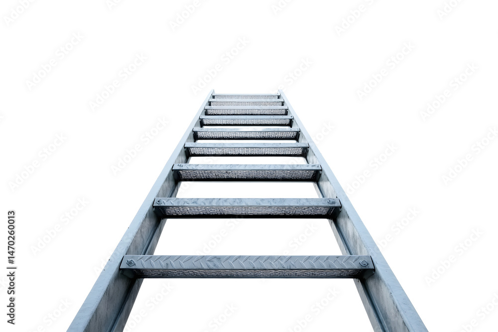 A lonely metal staircase leading into a white blank background. Space for text. A lonely metal staircase leading into a white blank background. Space for text.