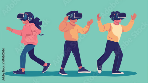 People Experiencing Virtual Reality World Metaverse Concept Immersive Technology Digital Future Illustration