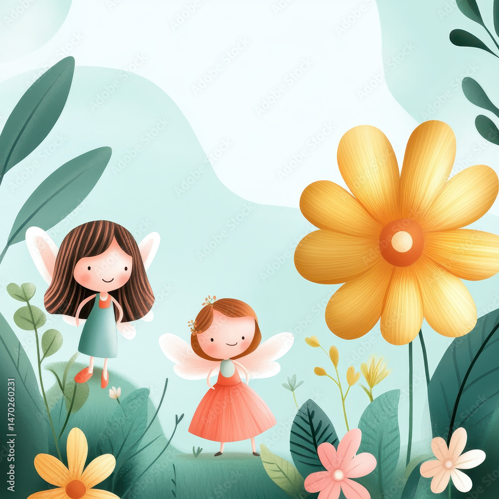 Whimsical garden scene featuring two tiny fairies surrounded by oversized flowers, evoking sense of joy and magic Whimsical garden scene featuring two tiny fairies surrounded by oversized flowers, evoking sense of joy and magic