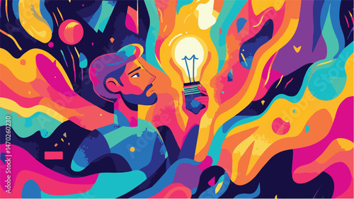 Colorful Illustration Man Holding Light Bulb Symbolizing Idea Generation And Creative Thinking