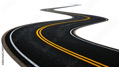 A winding asphalt road with white lane markings that curves dramatically is isolated on a transparent background, symbolizing journey and exploration