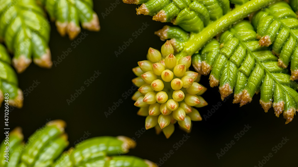 Fototapeta premium Sorus cluster on the underside of a fern leaf. Macro photography.
