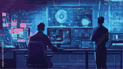 Software Developers Analyze Data On Multiple Computer Screens In Dark Cyberpunk Office