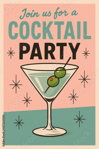 Retro 1950s Cocktail Party Invitation Poster with Martini Glass, Atomic Starbursts, Pastel Pink and Teal Colors, Vintage Halftone Print Style