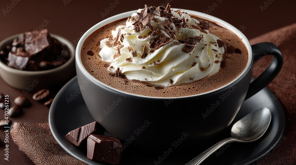 Indulge in a delightful cup of coffee topped with whipped cream and chocolate shavings on a rustic brown surface