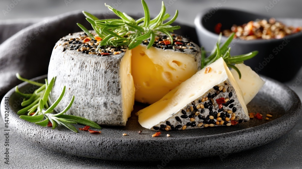 Cured goat cheese piece on rustic plate garnished with herbs, a delightful Spanish appetizer perfect for sharing or entertaining