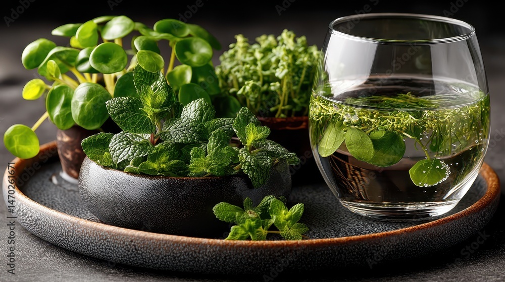 Fresh mint leaves on a gray plate with water in a glass against a dark gray background, perfect for refreshing beverages or garnishing dishes