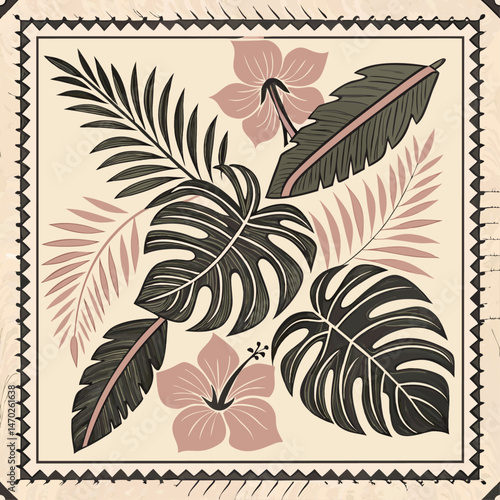 Symmetrical tropical textile, scarf design. 