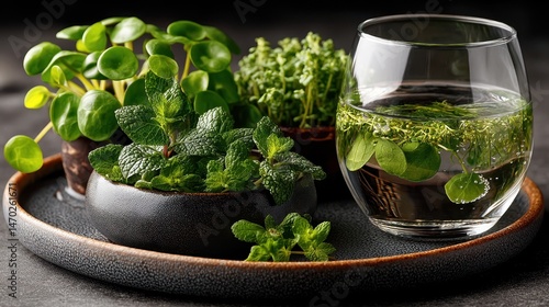 Obraz na płótnie Fresh mint leaves on a gray plate with water in a glass against a dark gray background, perfect for refreshing beverages or garnishing dishes w salonie