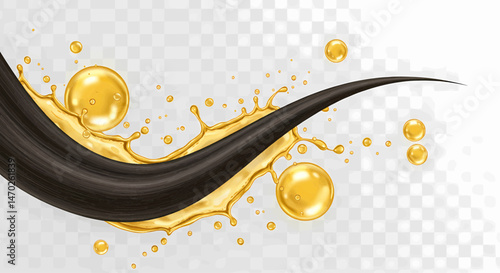 Dark locks of hair. Hair is surrounded by a dynamic spray of golden yellow liquid, oil, on a transparent vector background.