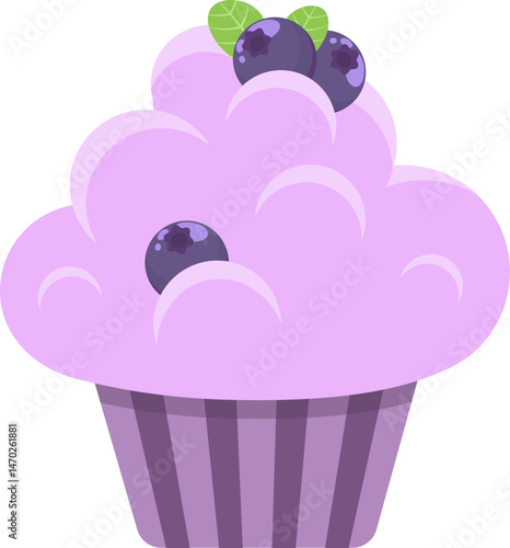 Cupcake with blueberry bilberry on top. Vector sweet food illustration.