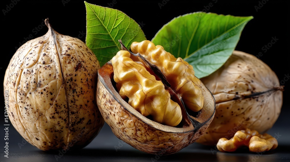 Golden walnuts displayed on a dark background showcasing rich texture and detail in a top view arrangement