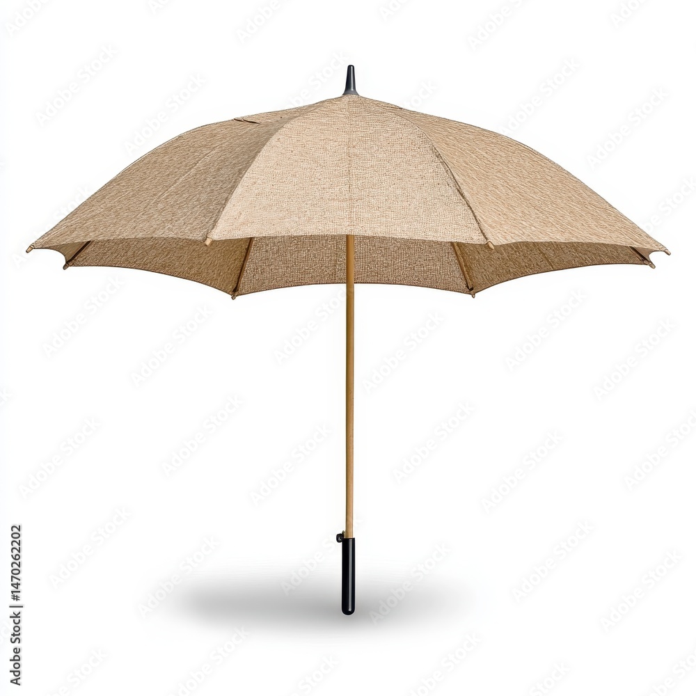 Beige Umbrella with Wooden Handle on White Background Beige Umbrella with Wooden Handle on White Background