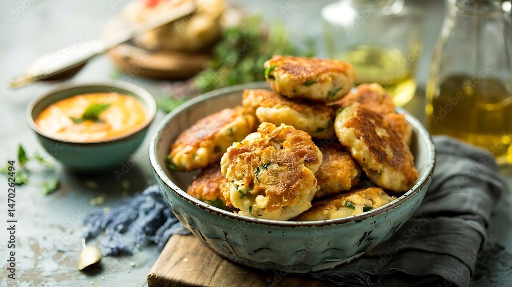 Golden Fried Potato Cakes Served With Dipping Sauce Golden Fried Potato Cakes Served With Dipping Sauce