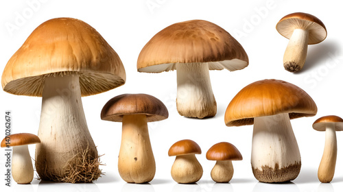 Several porcini mushrooms known as boletus edulis isolated on white background.