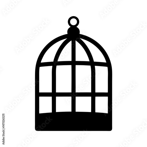 Black silhouette of a vintage ornate birdcage with a minimalistic design