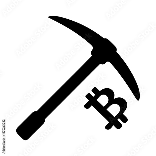 Mining Cryptocurrency A Pickaxe Symbol Next to a Bitcoin Symbol Depicts Mining