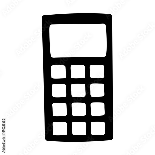 Simple black and white illustration of a handheld electronic calculator device