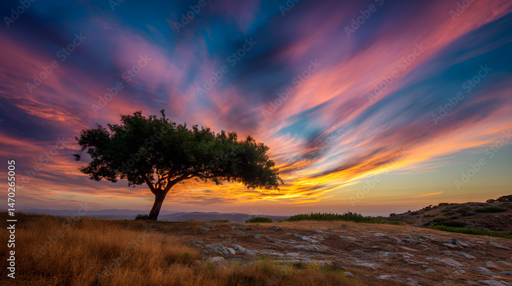 Fototapeta premium Solitary tree standing under a swirling vibrant sunset sky