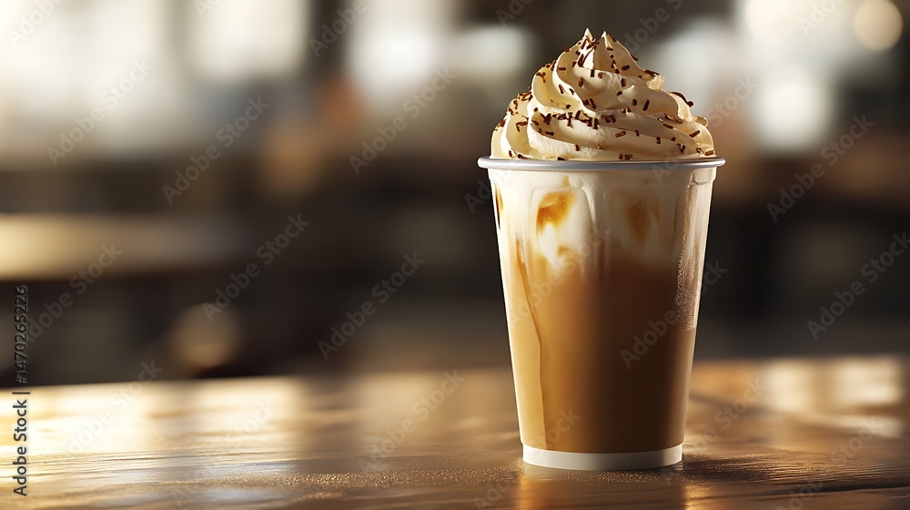 A cold iced coffee with whipped cream in a to-go cup A cold iced coffee with whipped cream in a to-go cup