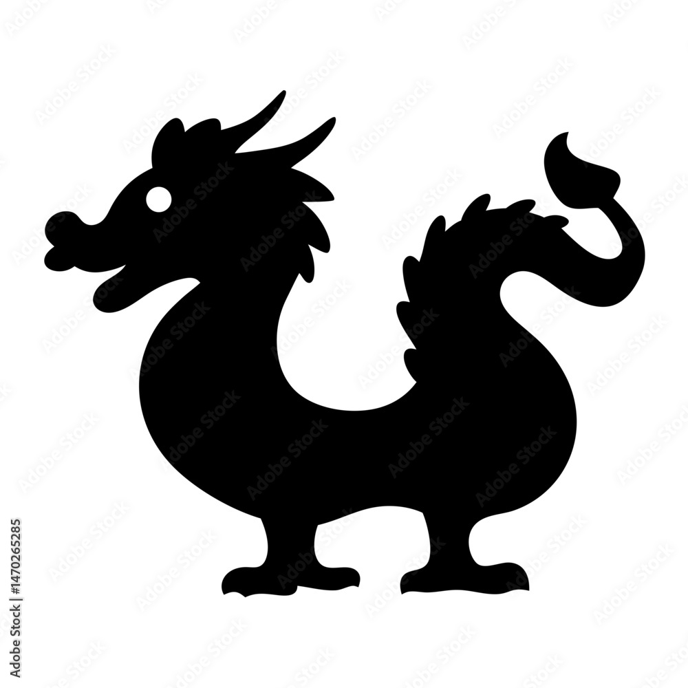 Fototapeta premium Black and White Cartoon Dragon Silhouette Illustration for Children and Books