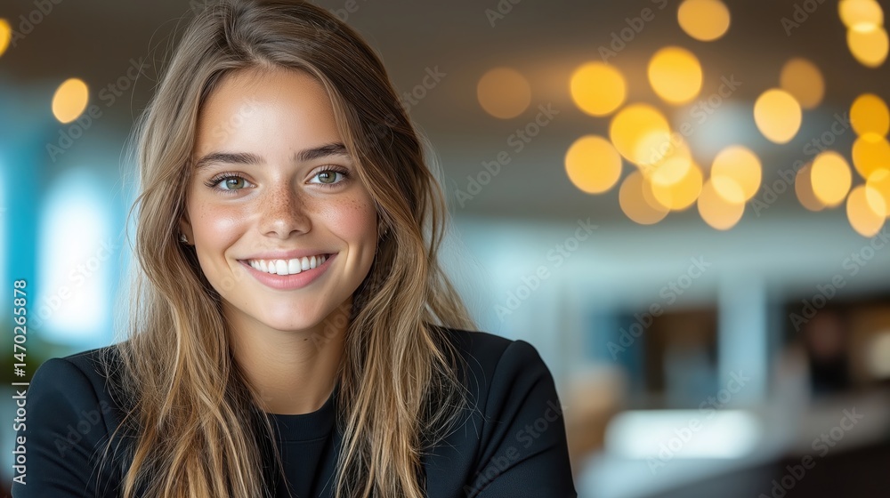 Hotel receptionist greets guests with a warm smile at a modern front desk in a sleek lobby during busy check-in hours