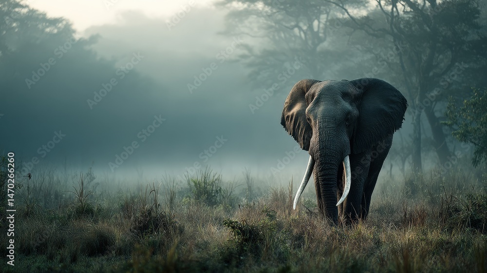Fototapeta premium Khris elephant in dewy morning light african savanna photography nature serene perspective