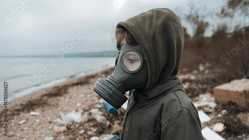Child Wearing Gas Mask Near Pollution on Beach Surrounded by Trash