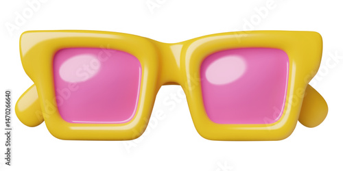 Yellow 3d sunglasses icon. Beach y2k fashion eyeglasses with plastic frame and pink lenses. Realistic vector illustration.