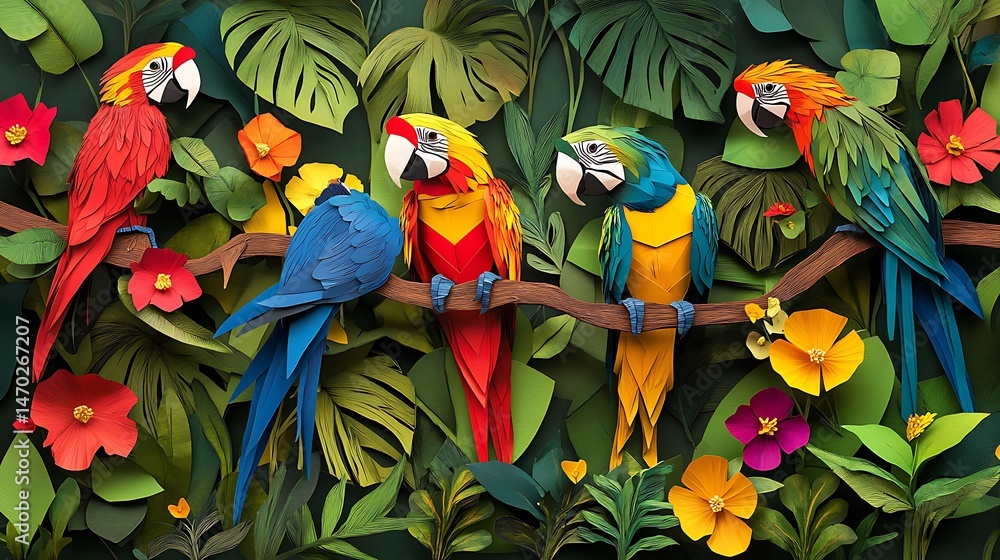 Naklejka premium Paper Macaws Tropical Rainforest.