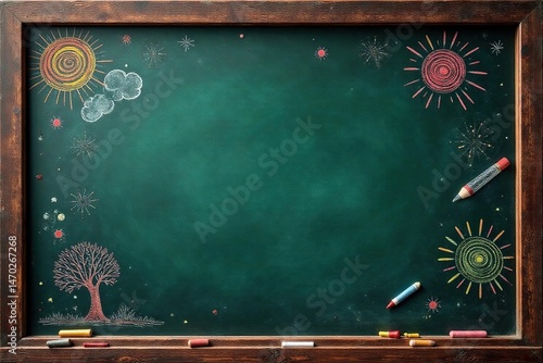A child's colorful chalk drawings on a vintage blackboard , lesson, abstract, background