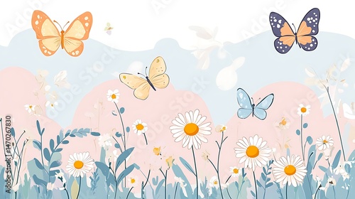 Butterflies  Daisies Meadow Scene.