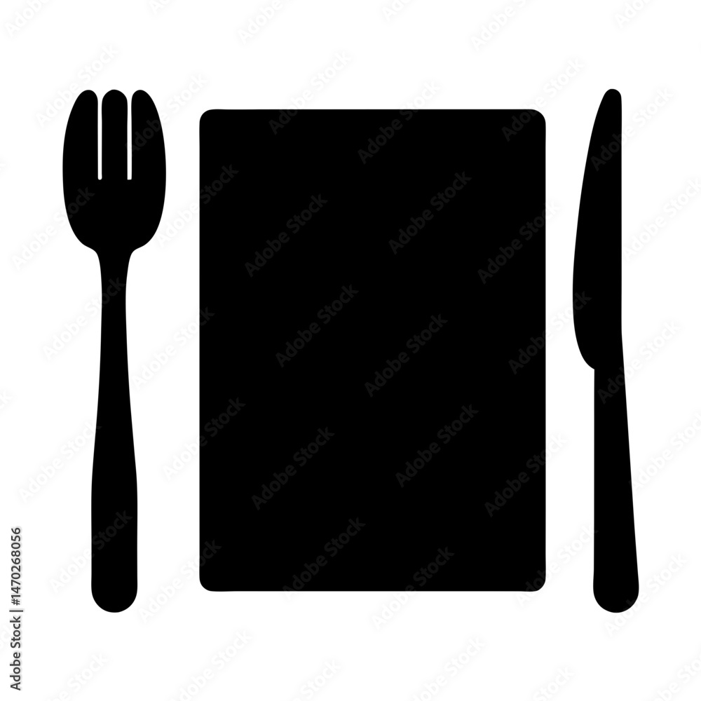 Simple black and white dining icon with fork plate and knife Simple black and white dining icon with fork plate and knife