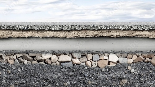  Cross-section of road layers: concrete, stones, soil, asphalt with cloudy sky.