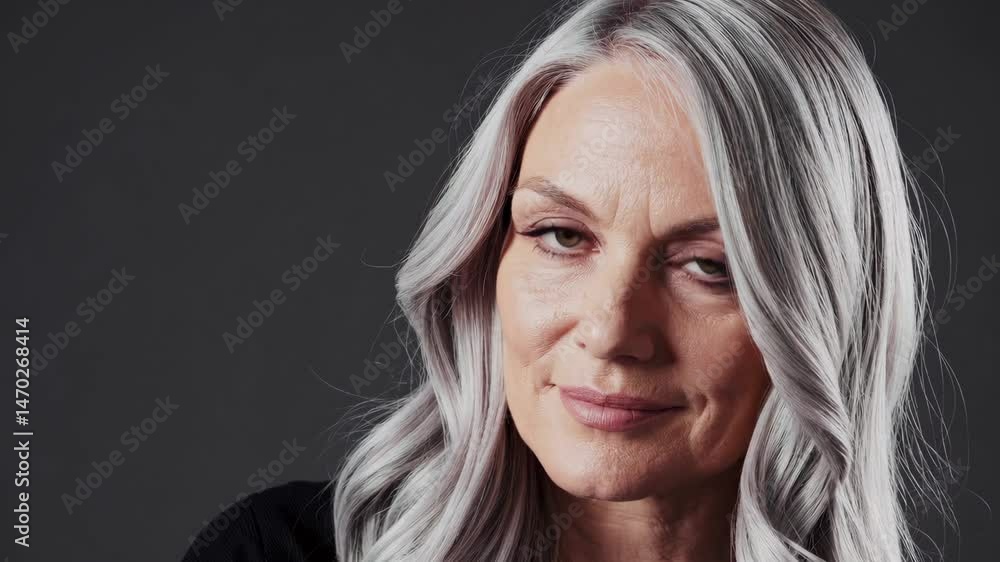 Elegant senior woman smiling and turning in studio closeup Elegant senior woman smiling and turning in studio closeup