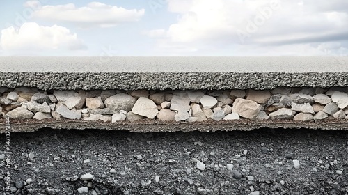  Cross-section of road layers: concrete, stones, soil, asphalt with cloudy sky.
