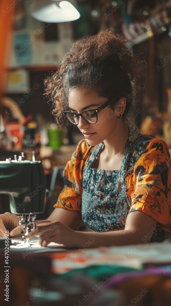 Fototapeta premium A close-up of a sewing machine eedle stitching through fabric, hands working with precision, soft lighting casting gentle shadows,