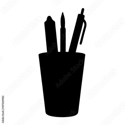 Silhouette of pen holder filled with pens and paint brush illustration