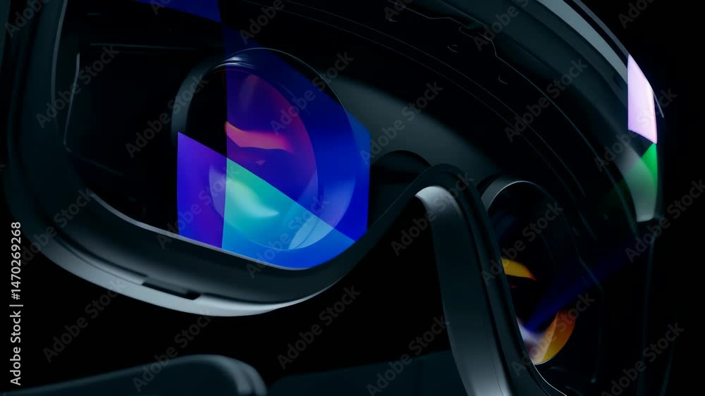 Close-up inside VR headset showing colorful reflections on lenses against dark background, representing virtual reality experience Close-up inside VR headset showing colorful reflections on lenses against dark background, representing virtual reality experience