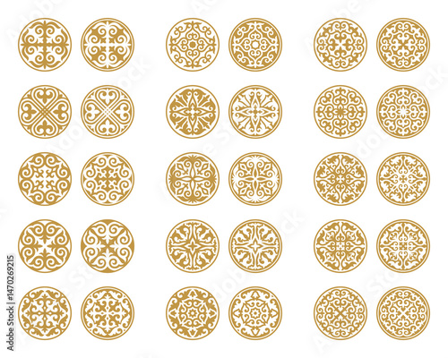 Vector Set of different gold ornaments in Kazakh style isolated on a white background. Round decor in two variant the positive and negative. Elements of the national pattern of the ancient nomads