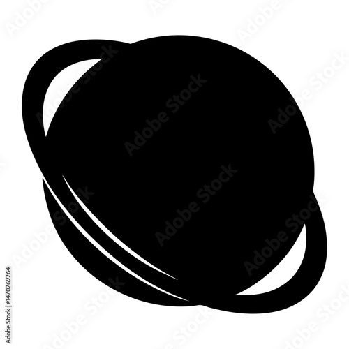 Simple black and white image depicting a planet with prominent rings