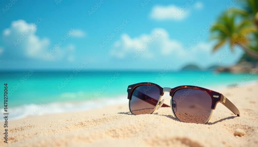 Stylish sunglasses resting on a sandy beach, ocean view , smooth, heat, white Stylish sunglasses resting on a sandy beach, ocean view , smooth, heat, white