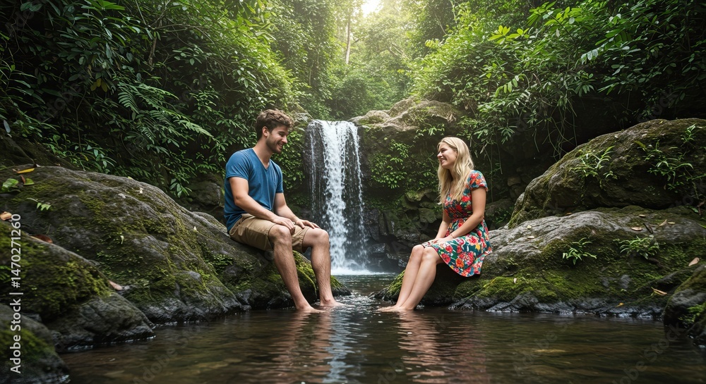 Fototapeta premium Peaceful couple enjoying nature by a waterfall in lush greenery